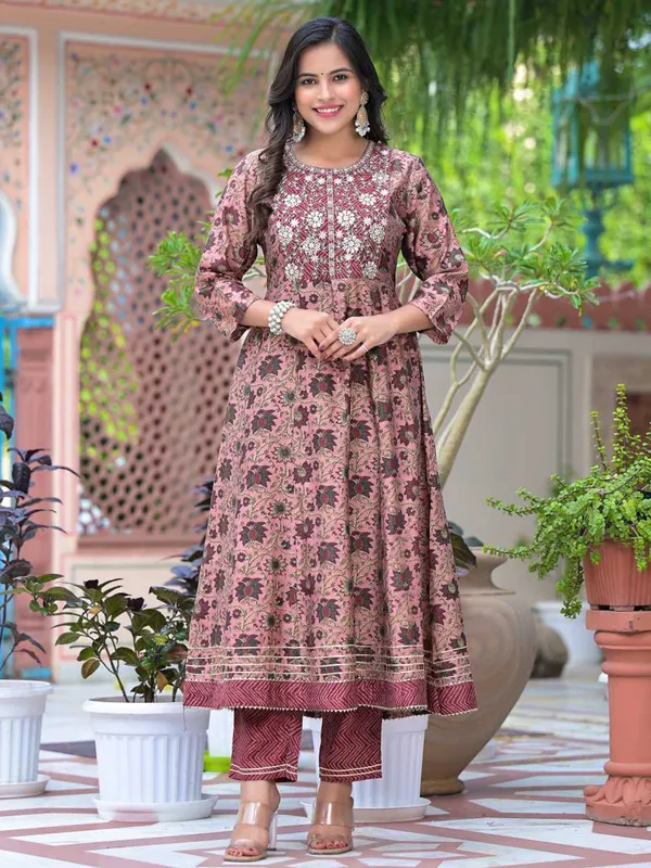 Printed mauve pink crepe kurti set