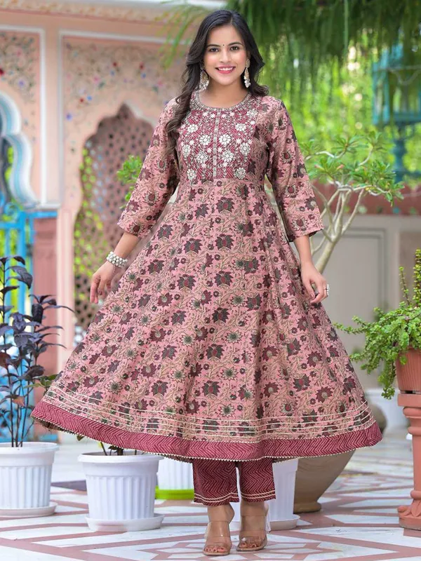 Printed mauve pink crepe kurti set