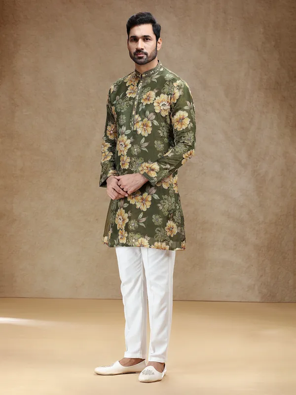 Printed mehendi green tissue silk festive kurta pajama