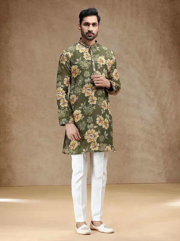 Printed mehendi green tissue silk festive kurta pajama