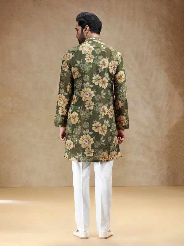 Printed mehendi green tissue silk festive kurta pajama