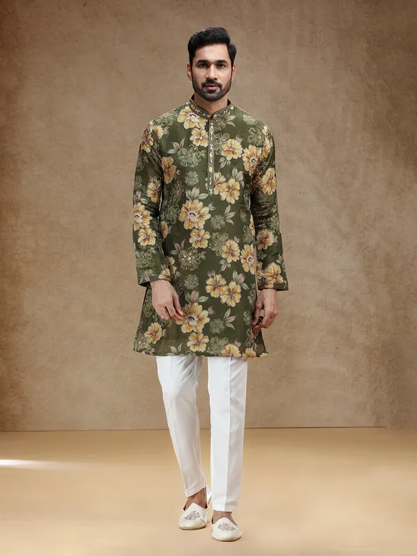 Printed mehendi green tissue silk festive kurta pajama