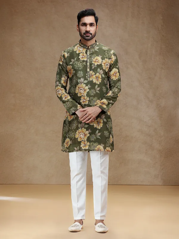 Printed mehendi green tissue silk festive kurta pajama