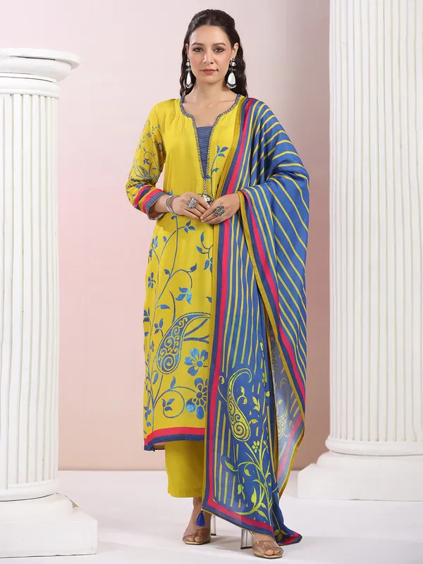 Printed mehendi yellow satin silk kurti set