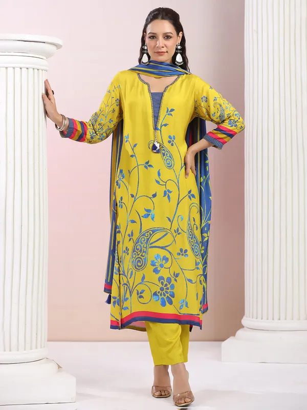 Printed mehendi yellow satin silk kurti set
