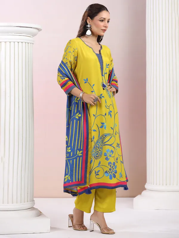 Printed mehendi yellow satin silk kurti set
