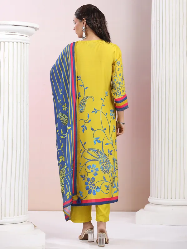 Printed mehendi yellow satin silk kurti set