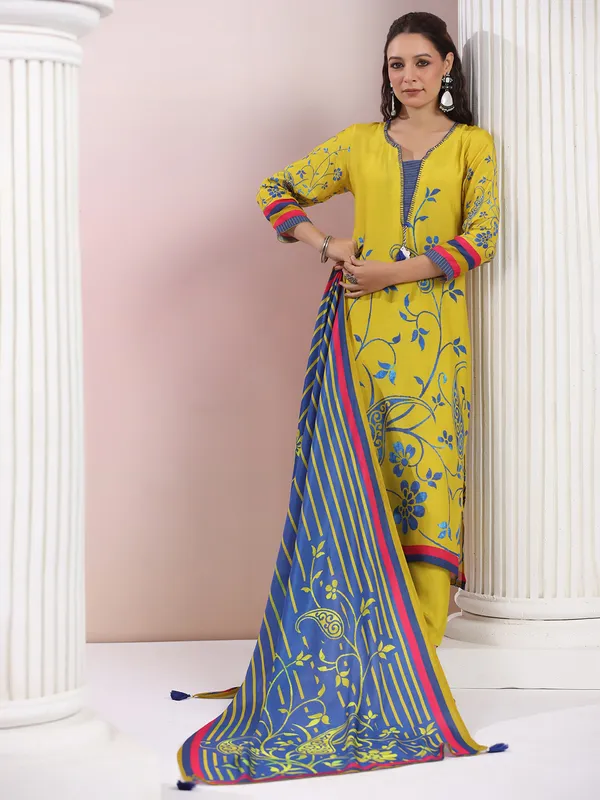 Printed mehendi yellow satin silk kurti set