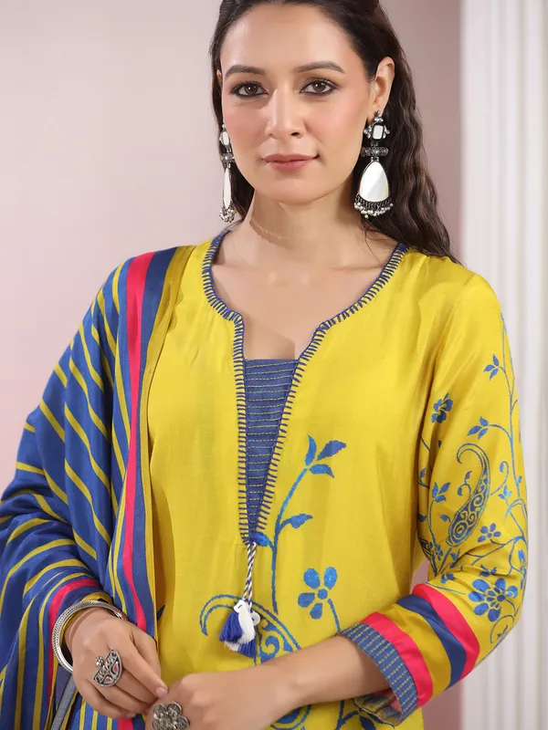 Printed mehendi yellow satin silk kurti set