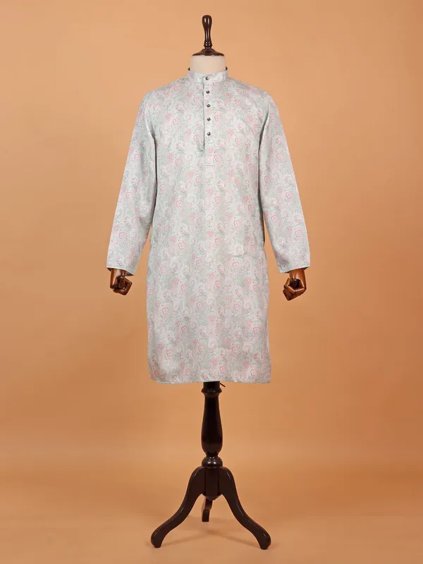 Printed mint green and pink cotton kurta suit