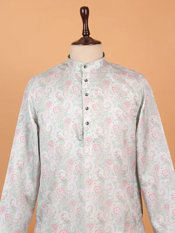 Printed mint green and pink cotton kurta suit