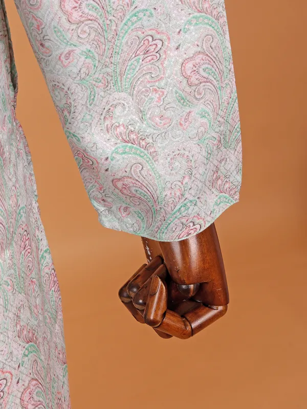 Printed mint green and pink cotton kurta suit
