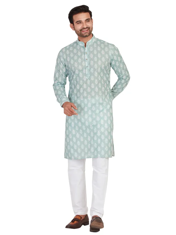 Printed mint green kurta in cotton