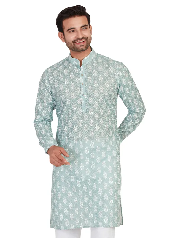 Printed mint green kurta in cotton