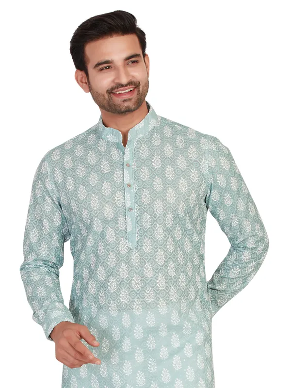 Printed mint green kurta in cotton