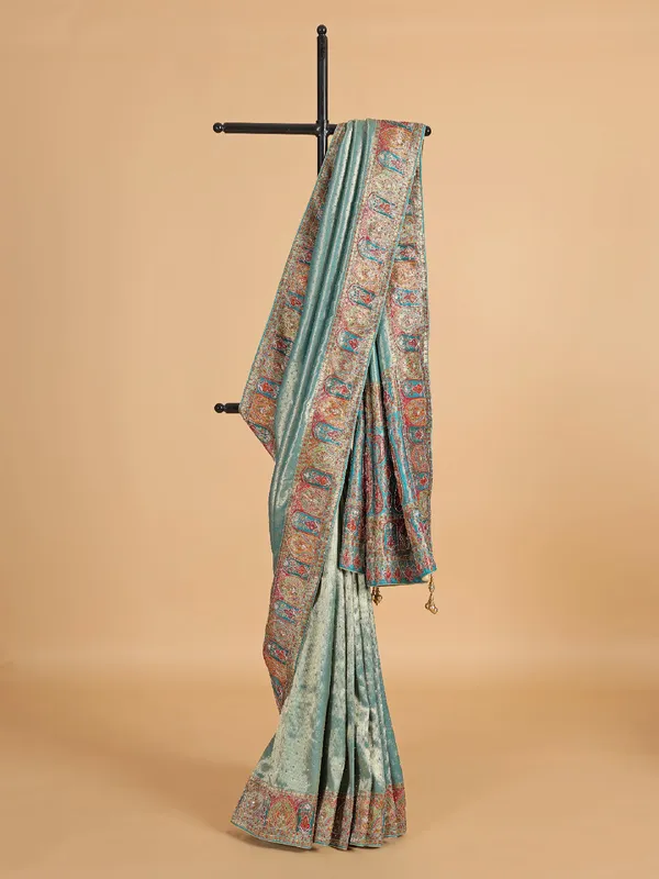 Printed mint green silk saree for wedding
