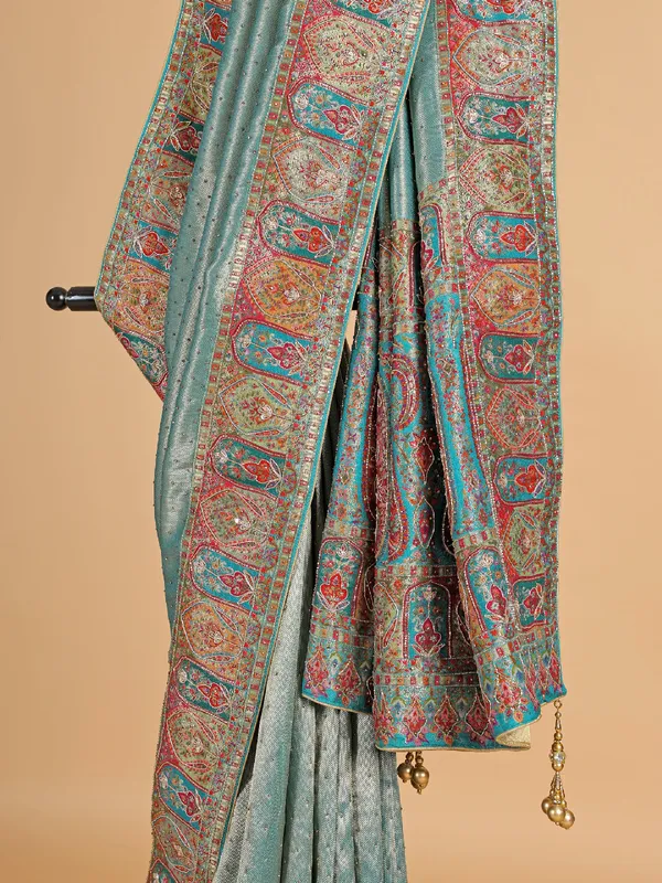 Printed mint green silk saree for wedding