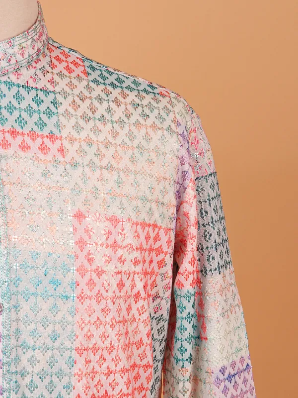 Printed multi color silk festive style kurta set