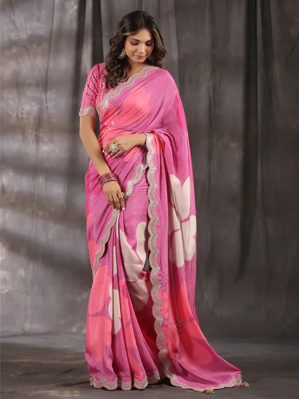 Printed muslin pink saree