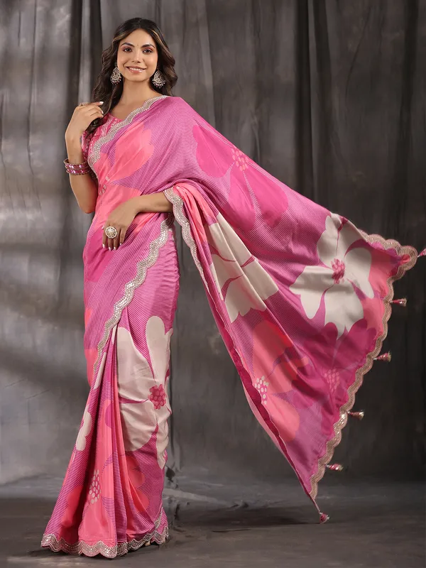 Printed muslin pink saree