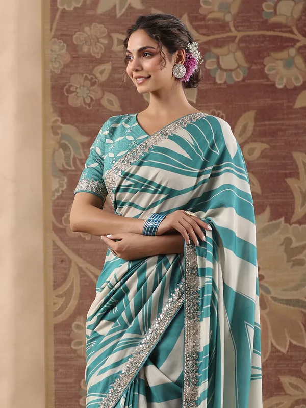 Printed muslin saree in rama green