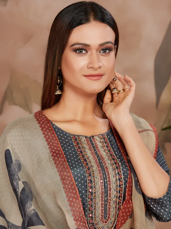 Printed muslin silk grey kurti set for festive