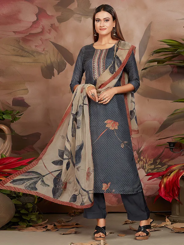 Printed muslin silk grey kurti set for festive