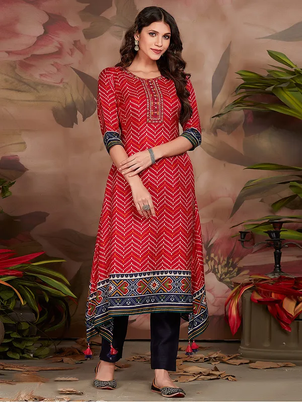 Printed muslin silk red long kurti for festive