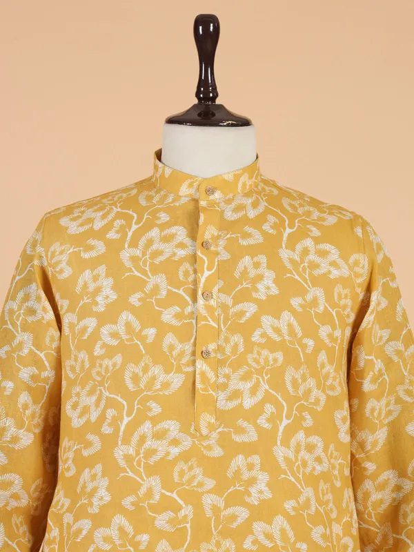 Printed mustard yellow cotton kurta set for men