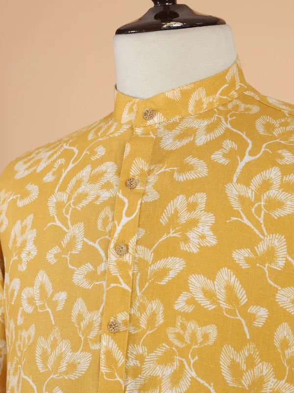 Printed mustard yellow cotton kurta set for men