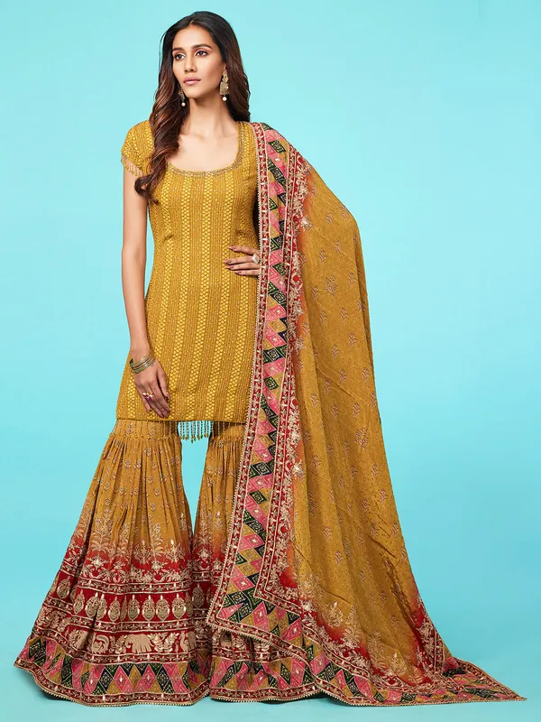 Printed mustard yellow georgette sharara suit