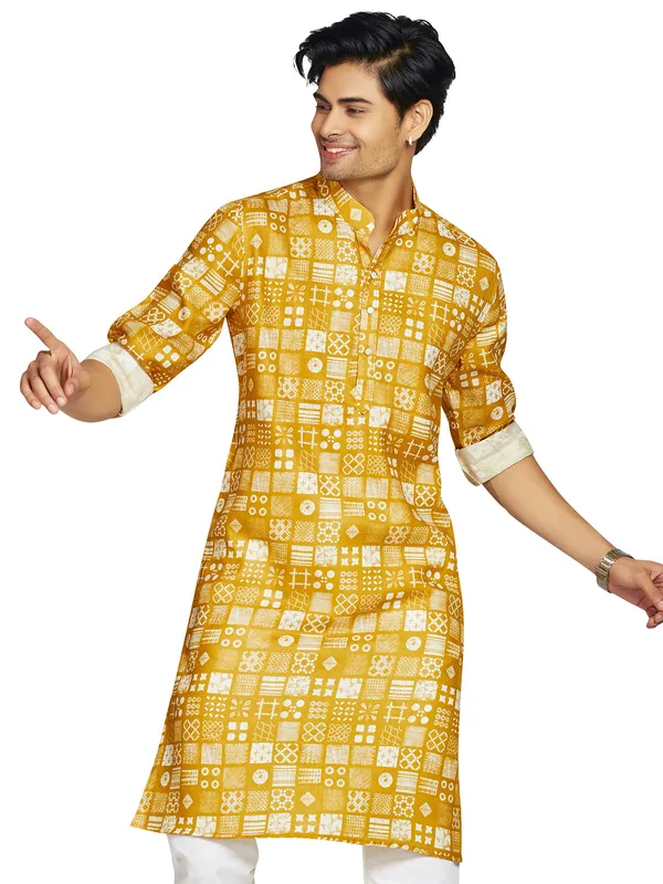 Printed mustard yellow kurta in cotton