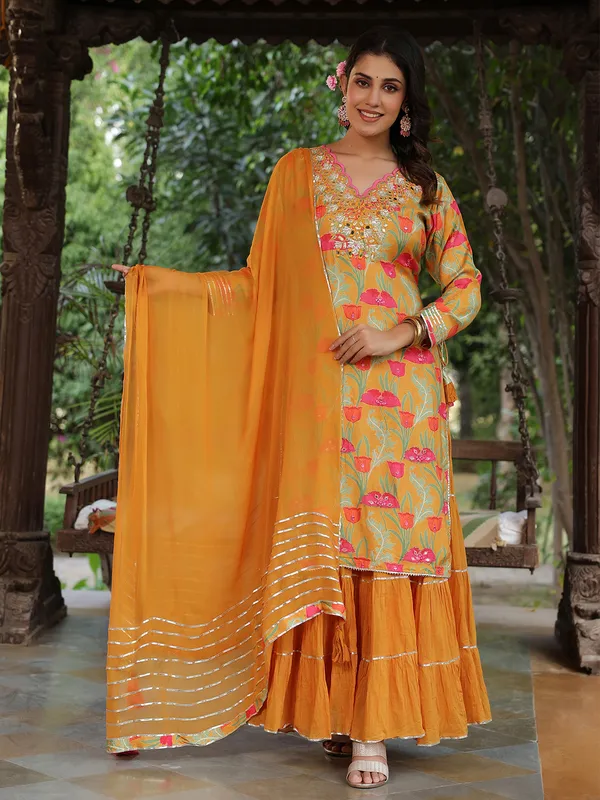 Printed mustard yellow long kurti