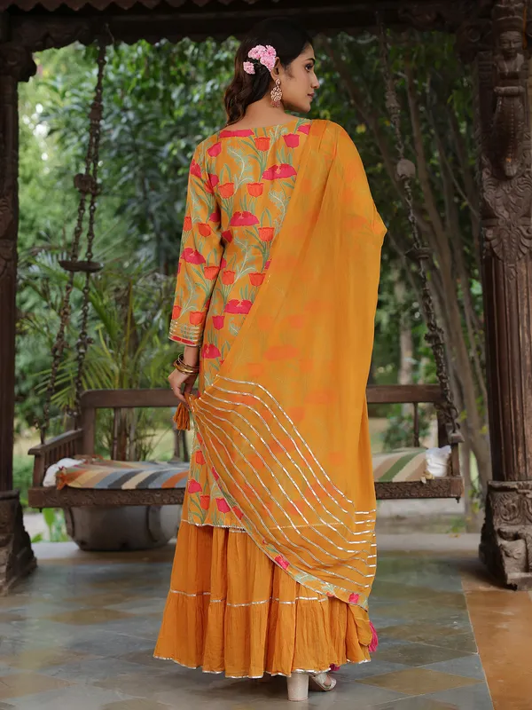 Printed mustard yellow long kurti