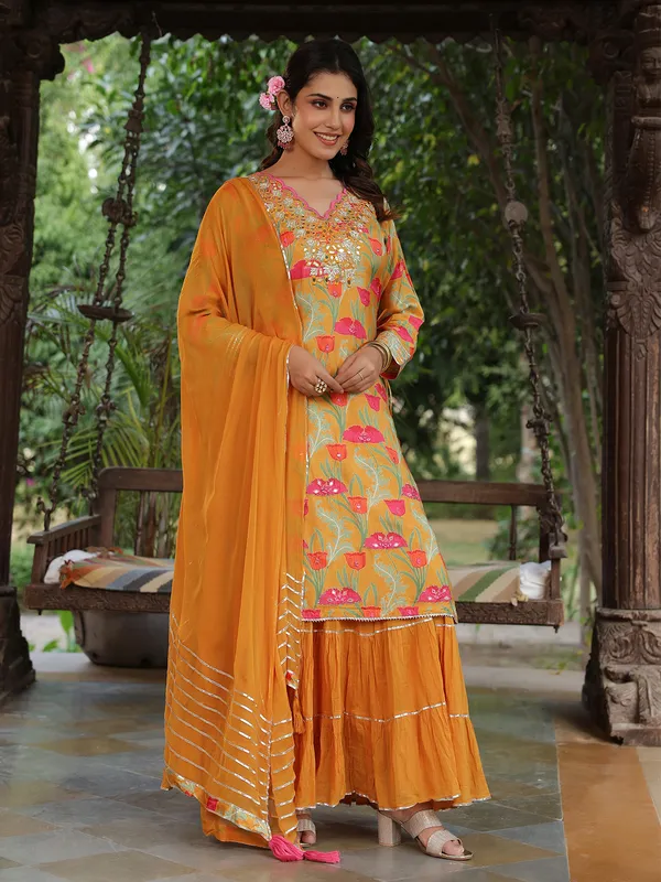 Printed mustard yellow long kurti