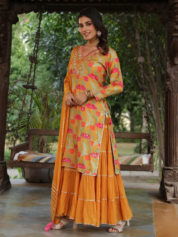 Printed mustard yellow long kurti