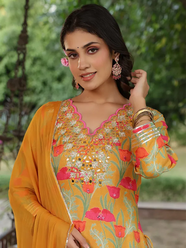 Printed mustard yellow long kurti