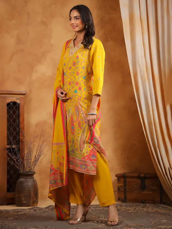 Printed mustard yellow silk kurti set