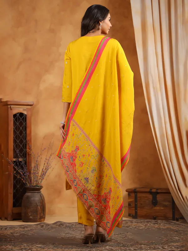 Printed mustard yellow silk kurti set
