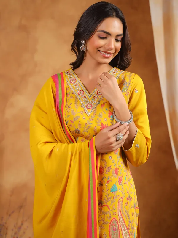 Printed mustard yellow silk kurti set
