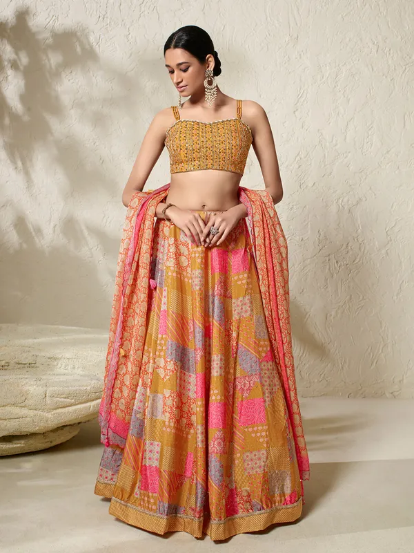 Printed mustard yellow silk lehenga choli