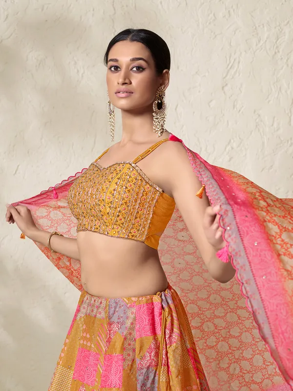 Printed mustard yellow silk lehenga choli