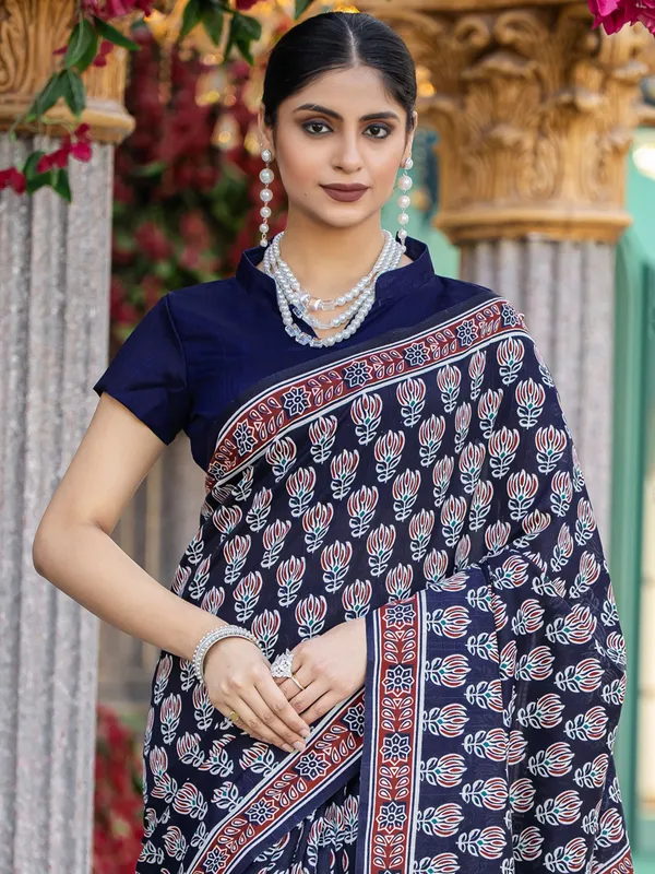 Printed navy bhagalpuri silk saree