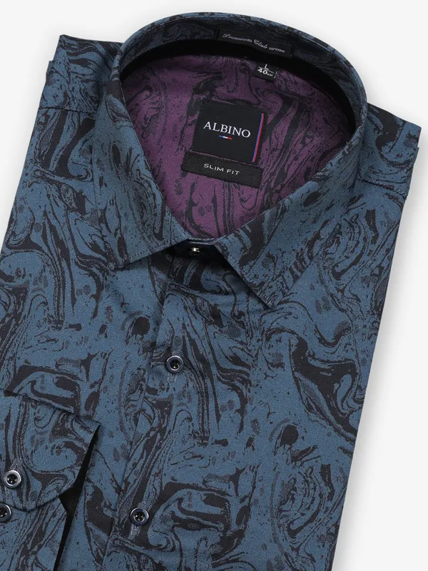 Printed navy blue cotton party shirt for men