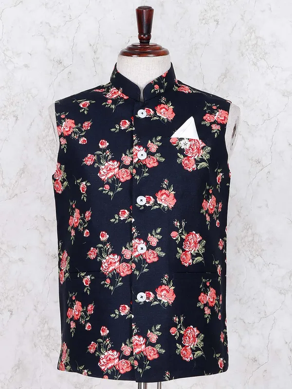 Printed navy color linen waistcoat