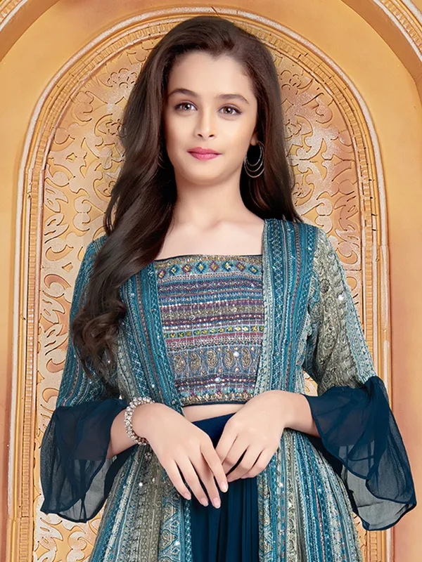 Printed navy georgette festive look palazzo suit