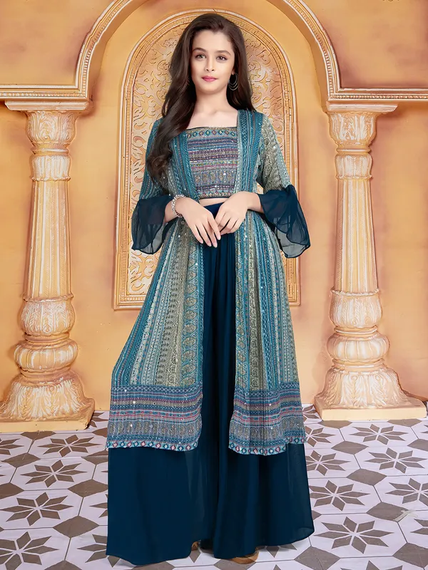 Printed navy georgette festive look palazzo suit