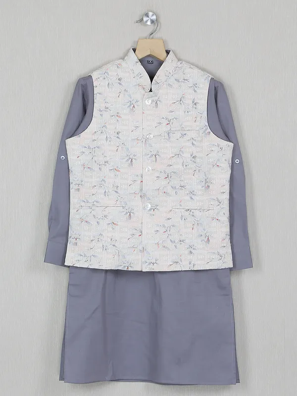 Printed off white festive wear waistcoat set