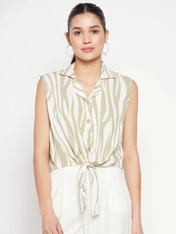 Printed olive rayon cotton crop top