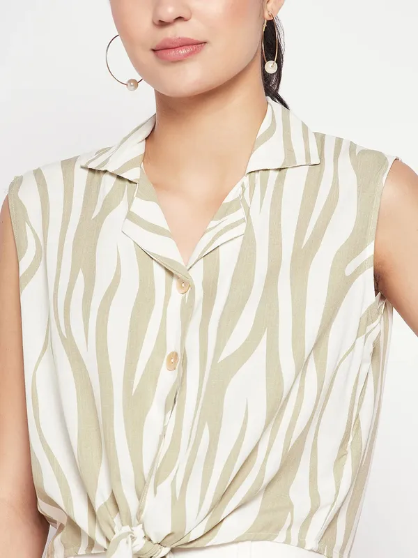 Printed olive rayon cotton crop top